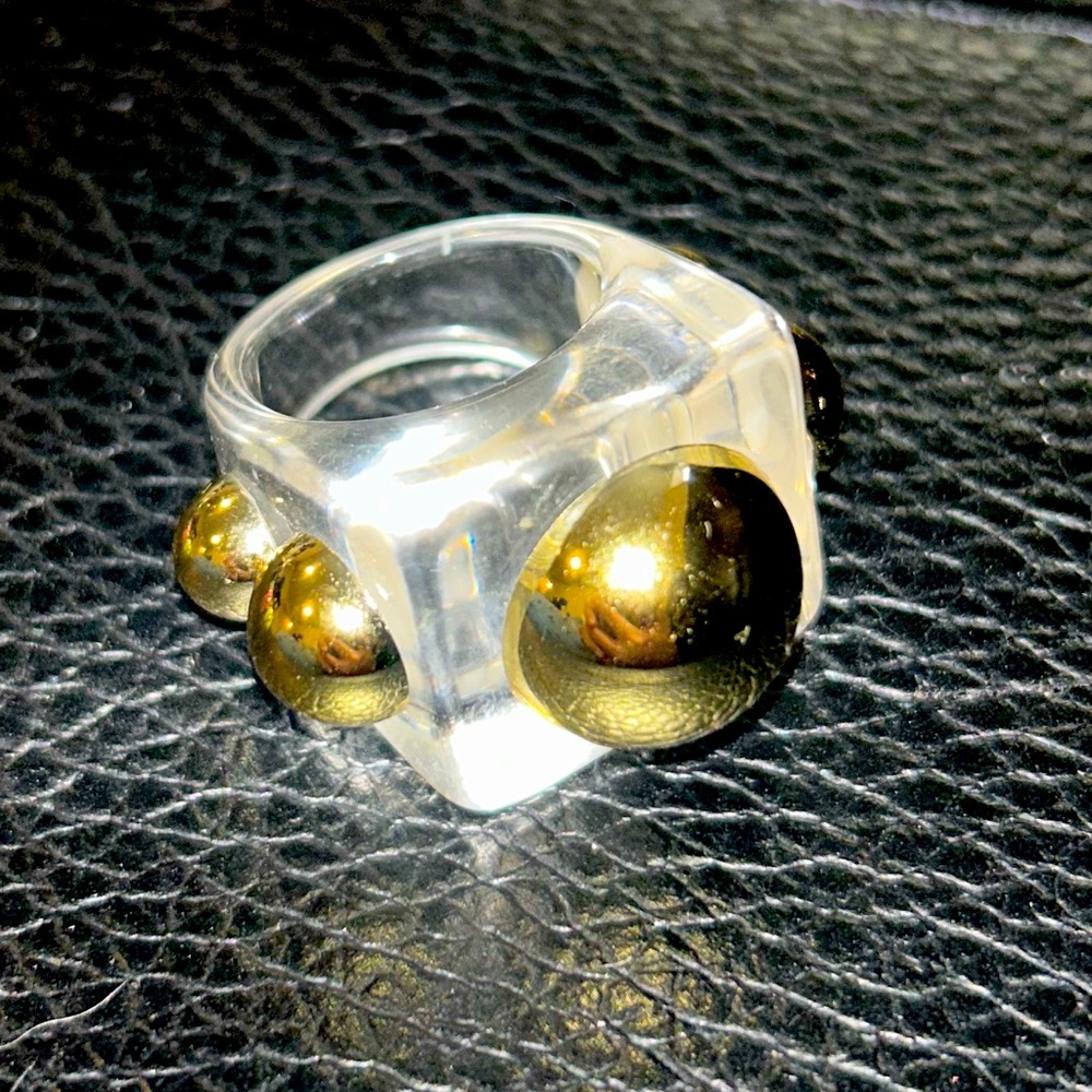 NEW Gold Studded Chunky Oversize Acetate Ring Size 8 High Fashion Edgy - Clear